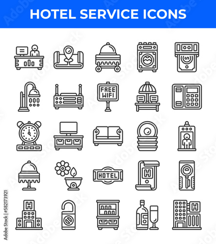 Hotel service line icon. Related to telephone, bowl, sofa, washing machine, bill, hotel, clock, shower. Editable stroke. Vector illustration
