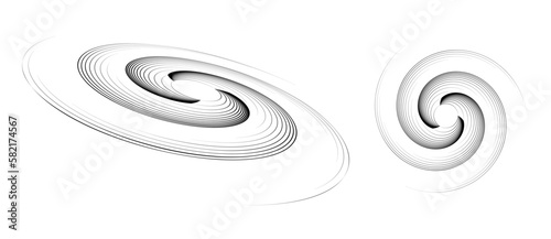 Abstract art lines geometry illustration. Circle in spiral with lines as icon, logo or design element. Normal view and distorted in perspective.