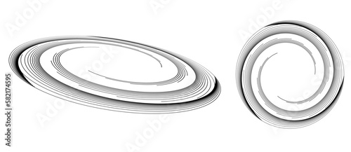 Abstract art lines geometry illustration. Circle in spiral with lines as icon, logo or design element. Normal view and distorted in perspective.