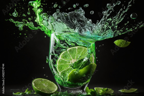 a glass of lemonade with limes on a table, generative AI