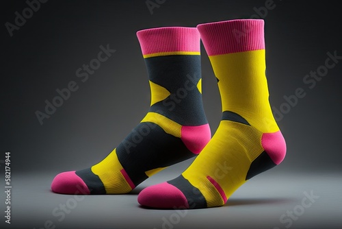 bright yellow and pink socks on dark background set of socks, created with generative ai photo