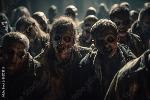 crowd of undead zombies in post-apocalyptic city at night Fototapet