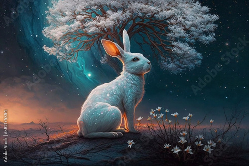 Fantasy Night | starry night where the sky is filled with twinkling lights and the aurora borealis dances in the background. white rabbit hopping towards a majestic white tree with glowing leaves. Ai
