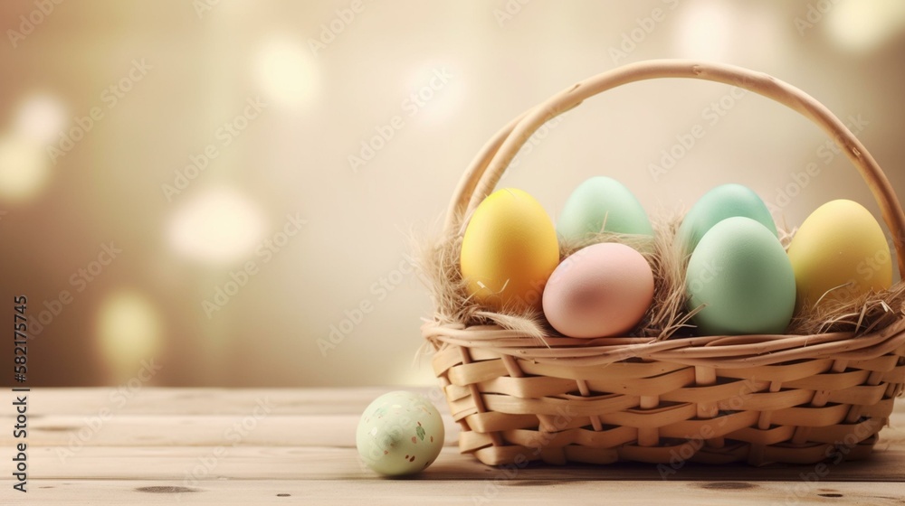 Obraz premium banner, Easter eggs in a basket Generative AI
