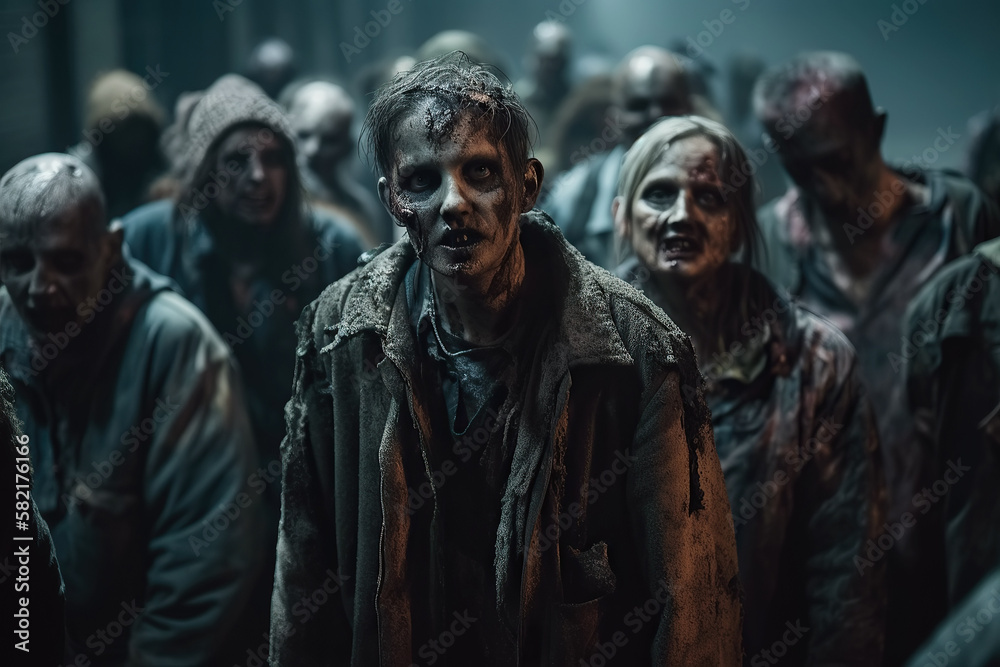 crowd of walking dead zombies in post-apocalyptic city at night. Generative AI illustration
