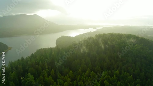 Lush green forest road Ucluelet Vancouver Island British Columbia Misty island mountains West Coast Canada Pacific Ocean coast. Beautiful Pacific Rim National Park Golden sunrise blue water aerial
