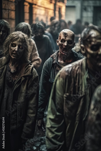 crowd of walking dead zombies in post-apocalyptic city at night. Generative AI illustration