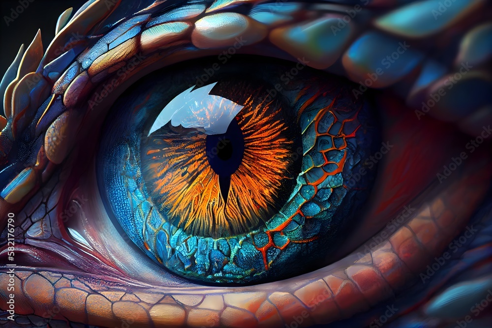Surrealism art style of close up of colorful dragon eye fantastic realism. Generative AI