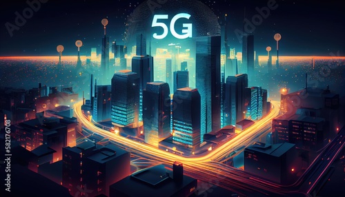 Illustration of futuristic city at night  5G internet network wireless systems and internet of things  smart city and communication network. Generative AI 