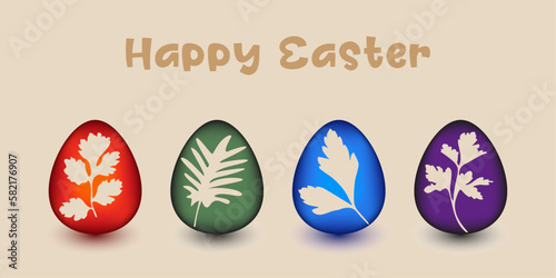 Traditional easter eggs coloring with leaves, set of drawing for illustration, logo, banner, print and web
