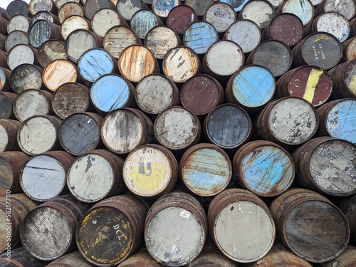 Empty whiskey or bourbon barrels in storage