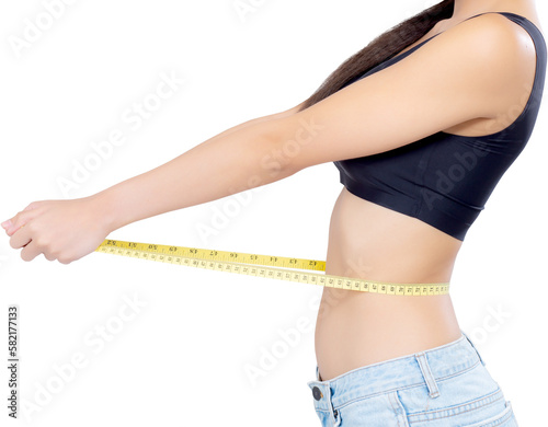 Asian woman diet and slim with measuring waist for weight, girl have cellulite and calories loss with tape measure, health and wellness concept.