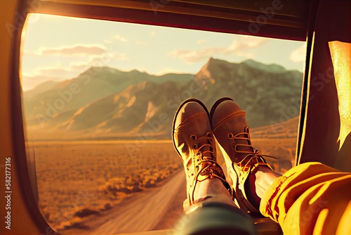 Legs of a woman in cawboy boots sticking out of the window of a vintage car at a golden sunset with mountains in the background. Generative AI photo