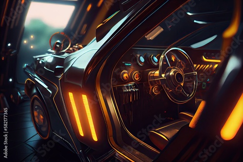 Futuristic sci-fi car interior view, hyper realistic. Inside view of the car. Generative AI © andrenascimento