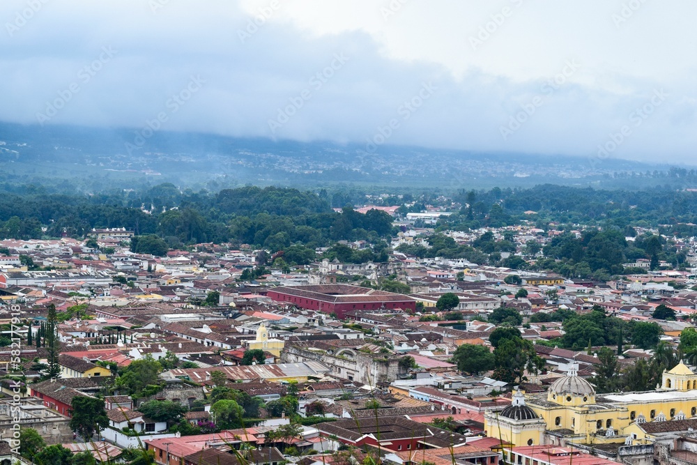 Top view of the densely populated cityscape of Antigua with similar residential buildings, Guatemala