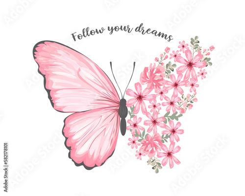 positive quote butterfly pink flower rose and daisies watercolor hand drawn design