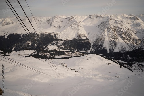 Landscape of snow resort skiing with white snowy mountains range