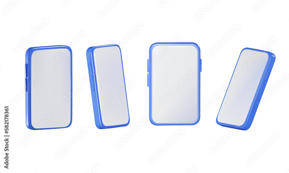 Set of different angles of smartphone in 3d render with screen, isolated white background, vector illustration Set of different angles of smartphone in 3d render with screen, isolated white background, vector illustration