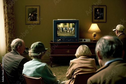 view at group of elderly people watching TV in retirement home sitting with their backs to back in a retro style living room. Illustration. Generative AI