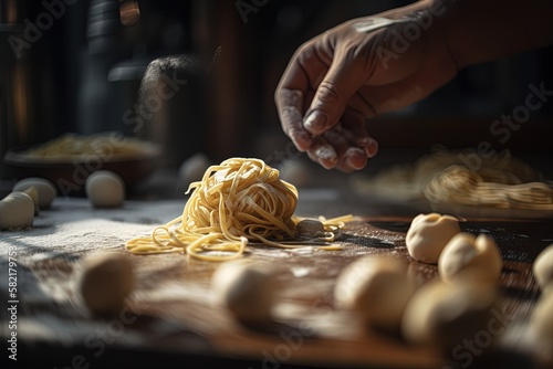 Man is carefully holding raw fresh homemade Tagliatelle in his hands. Concept of process of cooking handmade pasta in a cozy atmosphere. Generative AI