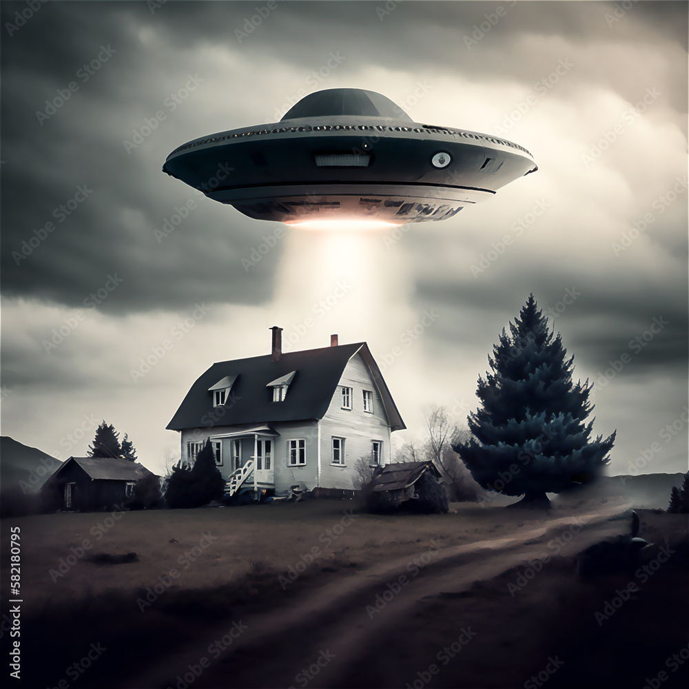 UFO hovering over a house. Aliens spaceship. AI generated content UFO hovering over a house. Aliens spaceship. AI generated content