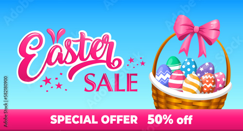 Easter sale. Advertising banner. Vector illustration for holiday sale. Stylized inscription and basket with easter eggs