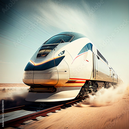 high speed modern commuter train, motion blur. AI generated content