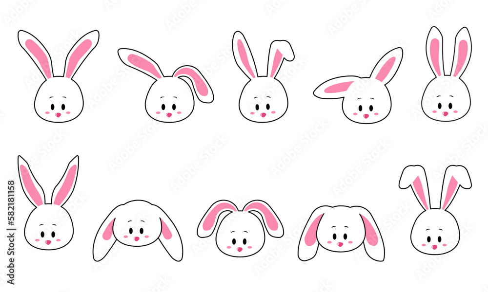 face set of a cute white rabbit. Kawaii bunny ear emoji, or bunny ...