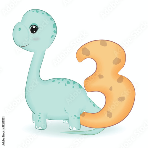 Cute Dinosaur with number 3  cartoon illustration