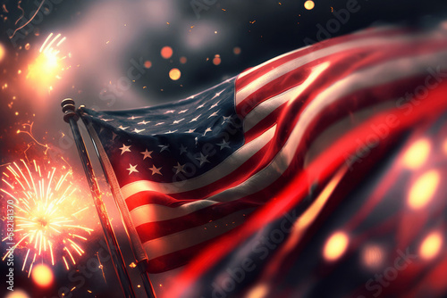AI generated celebratory fireworks on background of american flag at usa independence day