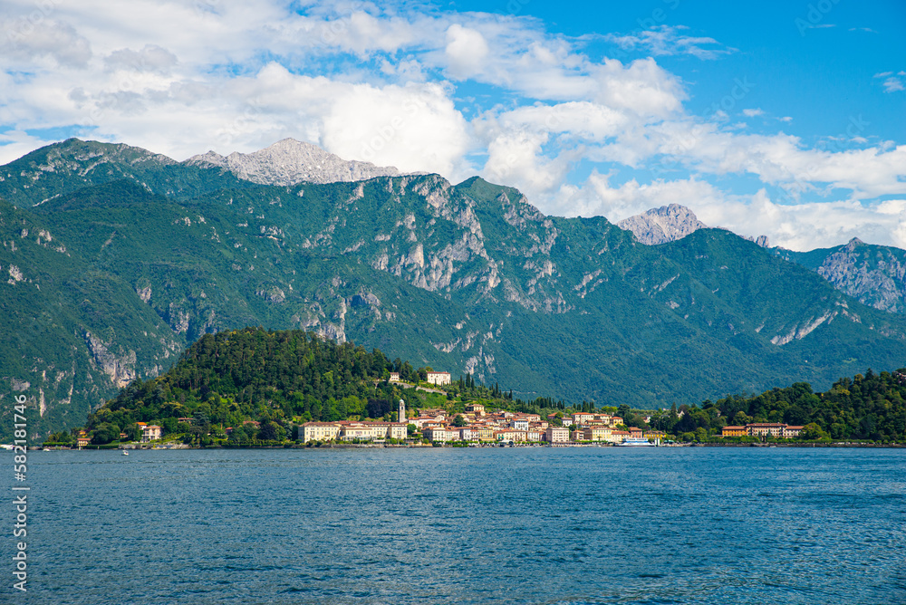 The panorama of Lake Como, photographed from the church of San Martino in Griante, showing the Northern Grigna, the Southern Grigna, the Lecco branch, the town of Bellagio, and the surrounding mountai