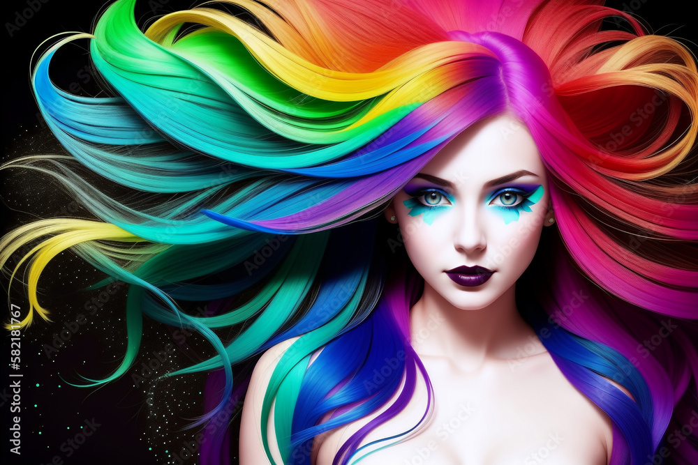 Portrait of a girl with developing hair in rainbow colors on a black background. AI generative