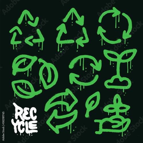 Set reuse signs in grunge urban graffiti overspray style. Street art design of recycling symbol and leaves for your upcoming eco-friendly and zero waste projects. Textured vector illustration.