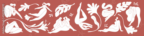 Women body silhouettes, modern leaf set. Abstract trendy design elements, leaves, naked female characters, creative cliparts in Matisse style. Flat vector illustrations isolated on white background