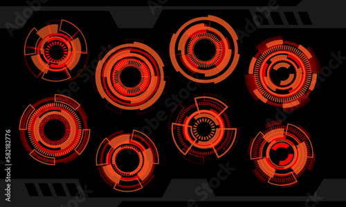 Set of HUD circle red orange modern user interface elements design technology cyber on black futuristic vector