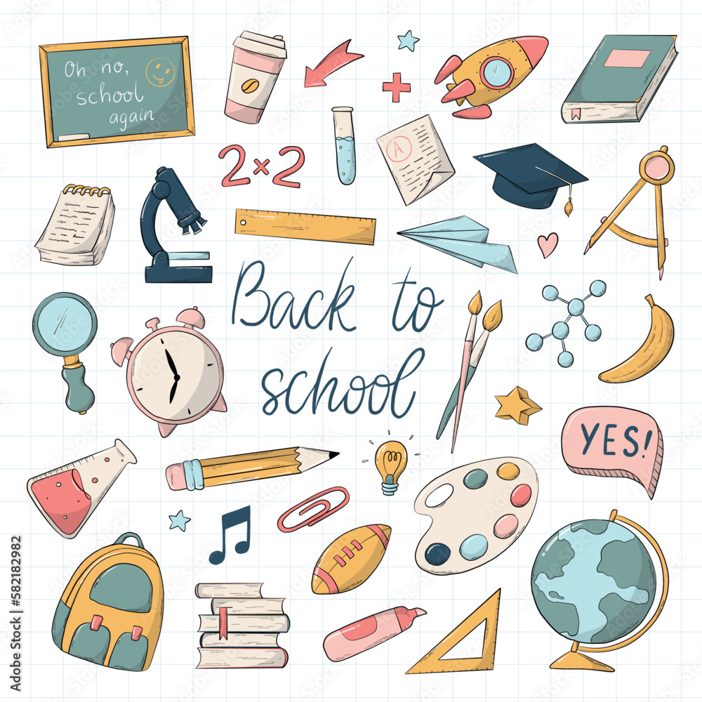 Set of school, education doodles, clip art for stickers, prints, planners, scrapbooking, stationary, etc. Back to school cartoon elements collection. EPS 10