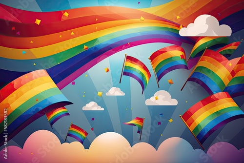 colorful illustration of rainbow flags with cloud background. pride day. Generative AI