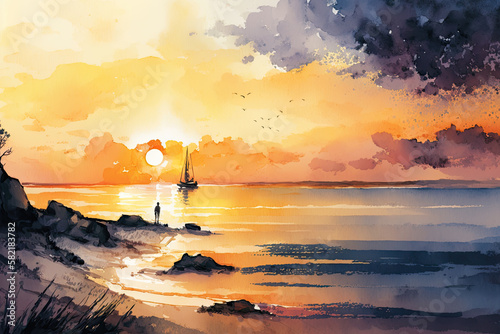 Beach watercolor background at sunset, Generative AI