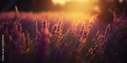 Fragrant lavender flowers at sunset. Created with Generative AI technology.