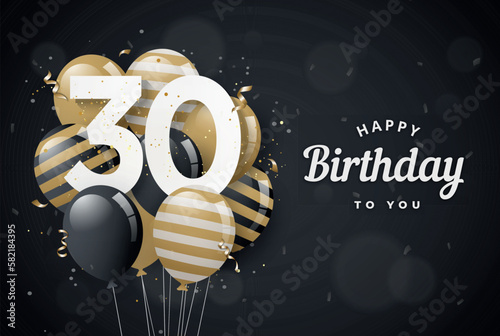 Happy 30th birthday balloons greeting card black background. 30 years anniversary. 30th celebrating with confetti. Vector stock