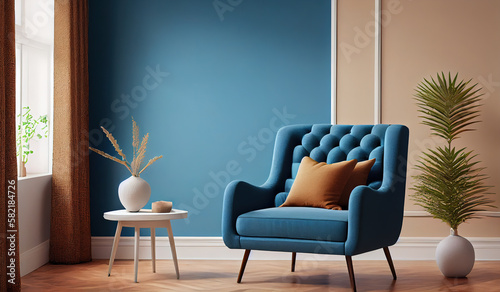 Generative AI illustration of comfortable armchair with brown cushions placed on parquet floor near potted exotic plant and white coffee table against window with curtains