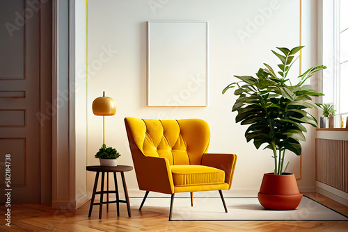 Generative AI illustration of comfortable armchair placed on parquet floor near potted exotic plant against window