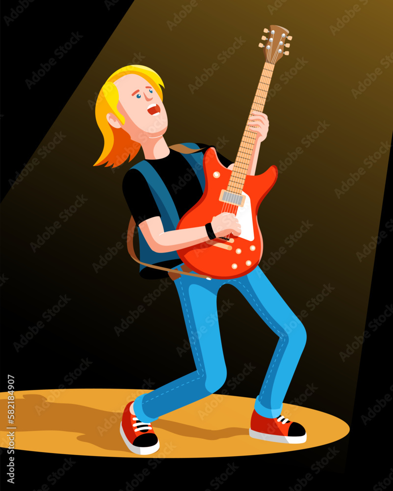 Rock guitarist with an electric guitar in a cartoon style. Rock star strums his electric guitar with passion and intensity. vector illustration Rock guitarist with an electric guitar in a cartoon style. Rock star strums his electric guitar with passion and intensity. vector illustration