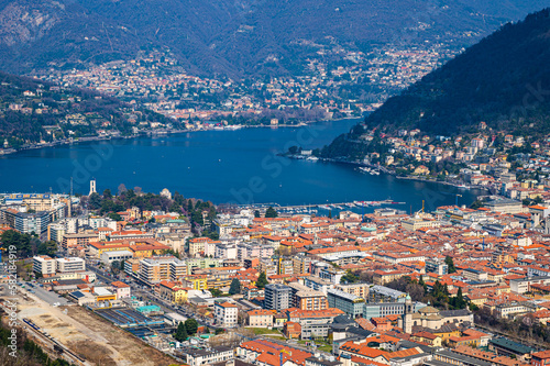 The city of Como  the lake  the lakeside promenade  the buildings  photographed from above. 