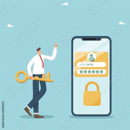 Online authentication concept, secure data privacy, account protection and security, strong password for cyber security, app login password, unlock, businessman with golden key knows login password.