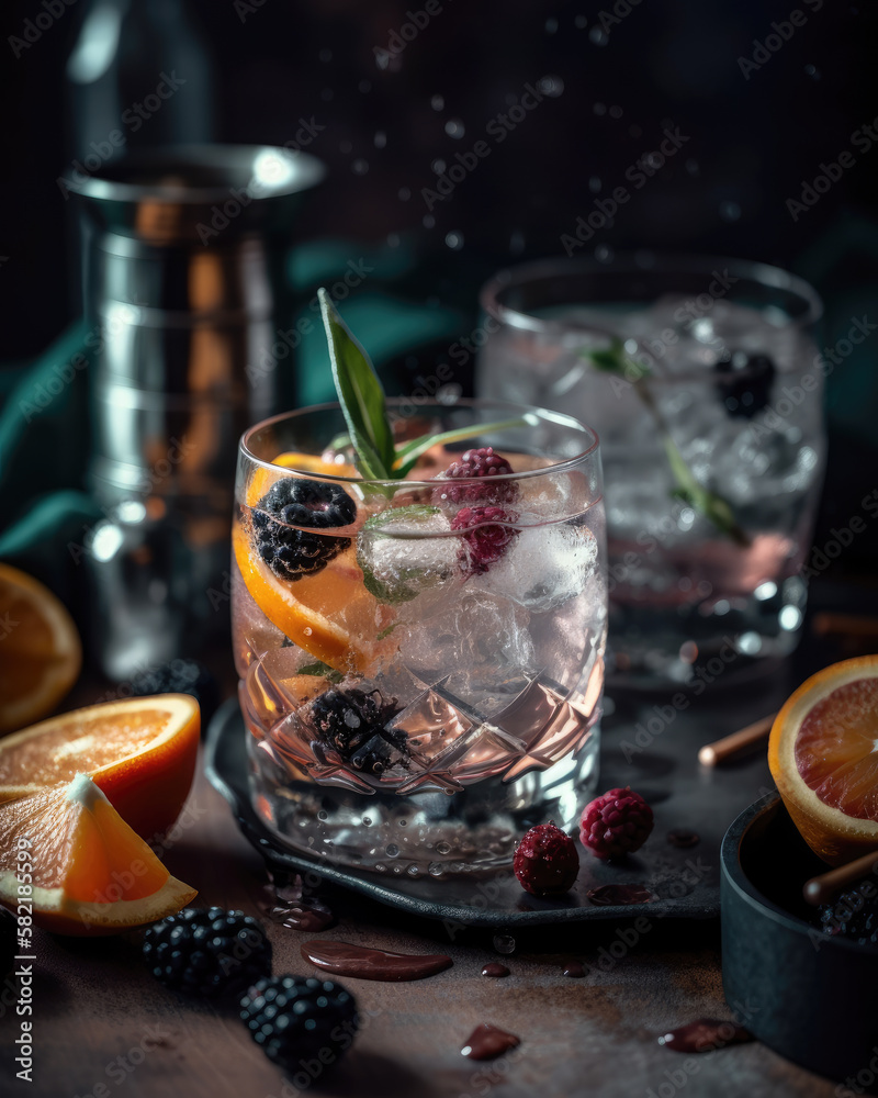 Alcoholic Drink with Ice and Fruit-Cocktail with Raspberries and Oranges-Generative AI Alcoholic Drink with Ice and Fruit-Cocktail with Raspberries and Oranges-Generative AI