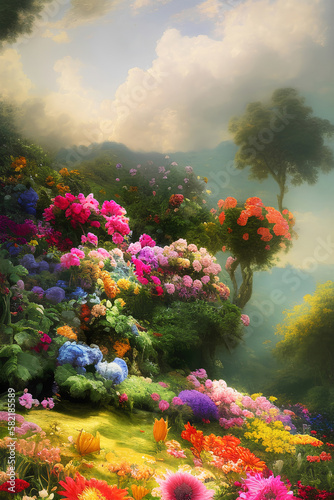 Paradise garden full of flowers, beautiful idyllic background with many flowers in eden. Generative Ai.