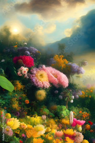 Paradise garden full of flowers, beautiful idyllic background with many flowers in eden. Generative Ai.