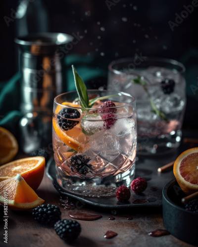 Alcoholic Drink with Ice and Fruit-Cocktail with Raspberries and Oranges-Generative AI