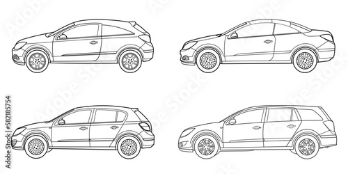 Set of classic car body types. Different four body shot - coupe, station wagon, hatchback and convertible. Side view. Outline doodle vector illustration